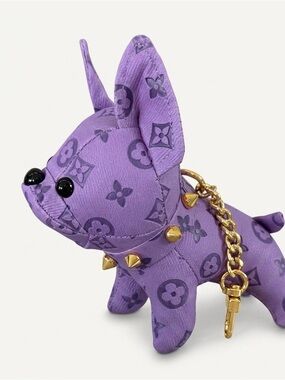 Faux Leather French Bulldog Bag Charm purple Spiked Collar Keychain 5"